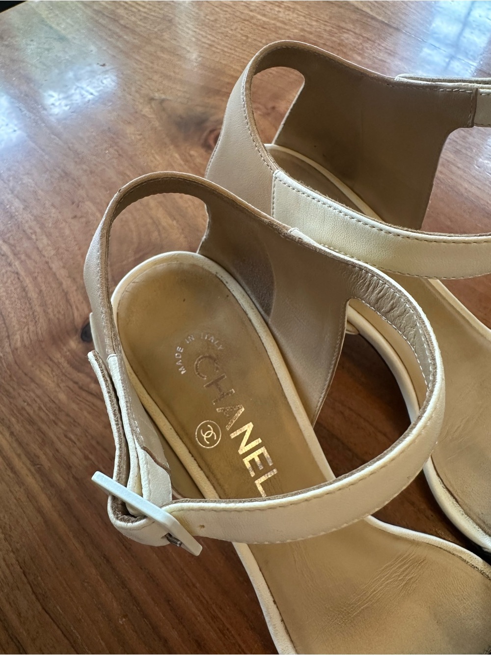 CHANEL Two-Tone Leather Ankle Strap Sandals in Black and Beige - Picture 6 of 7
